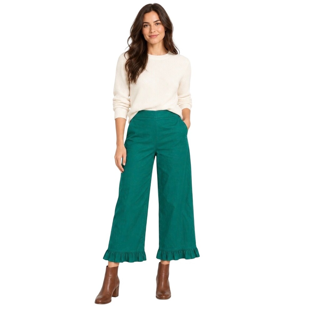 NWT Maeve Anthropologie The Colette Ruffle Hem Wide Leg Pants Green Size 26